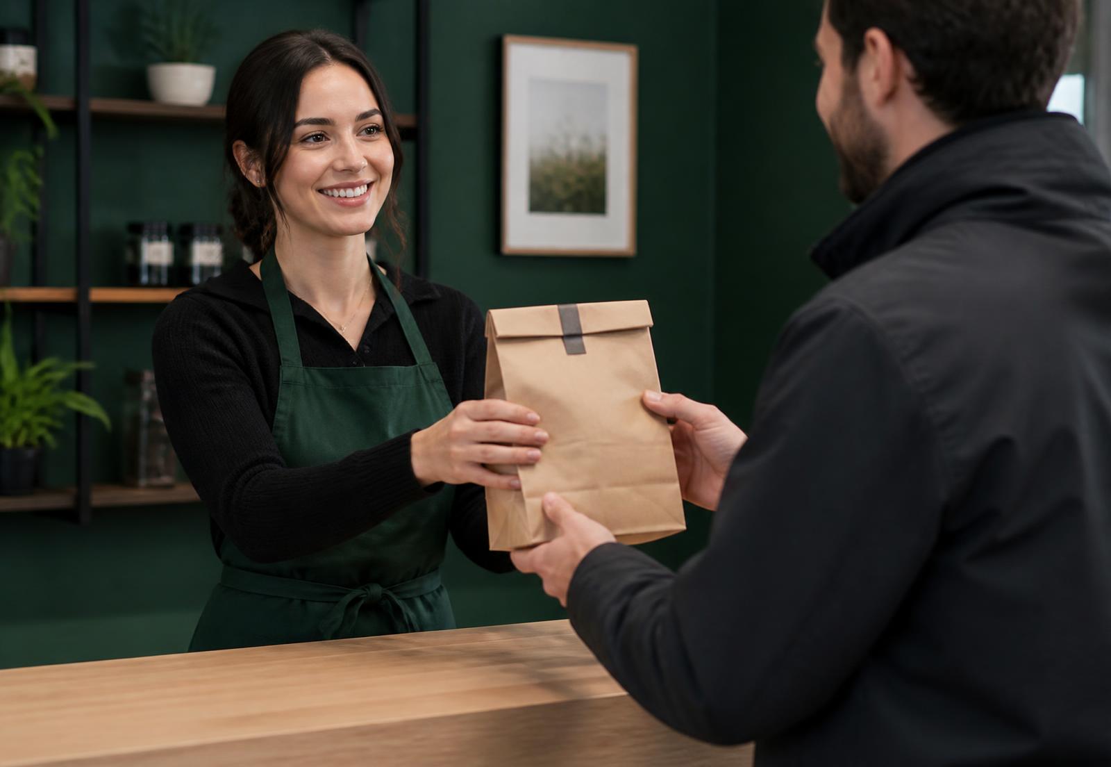 A dispensary employee handing a sealed delivery order to a Pot on the Spot courier at the retail counter